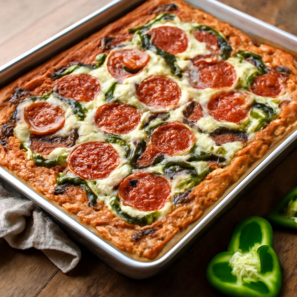 Rectangular Sicilian pan pizza with an airy crust and crisp bottom