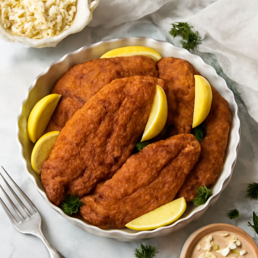 Crisp cornmeal-coated fried fish with lemon and dipping sauce