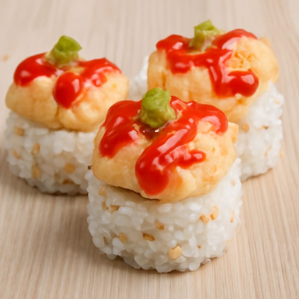 Sliced spicy shrimp roll with cucumber and avocado
