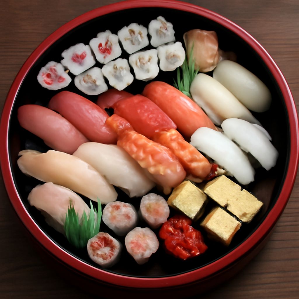 Assorted sushi with raw seafood, cooked fillings, and vegetables