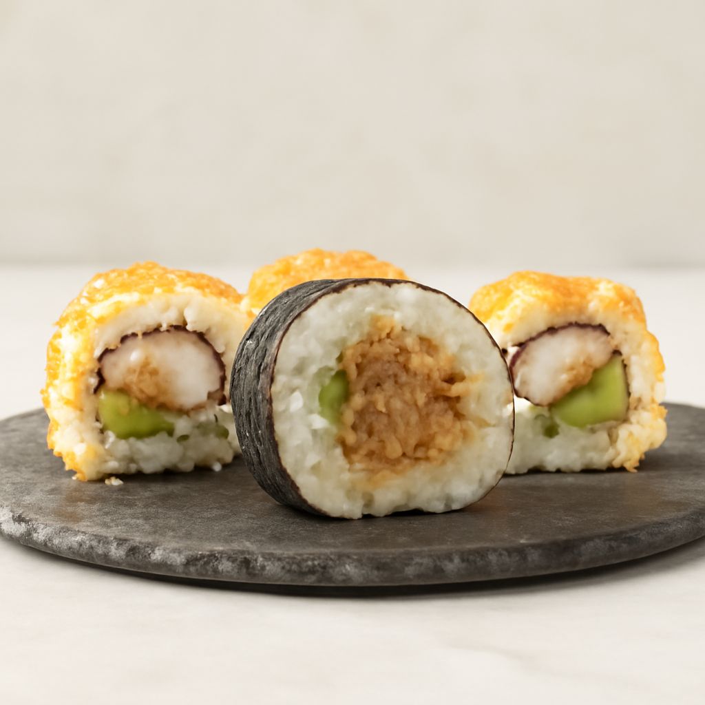 Cut maki sushi roll beside a temaki hand roll