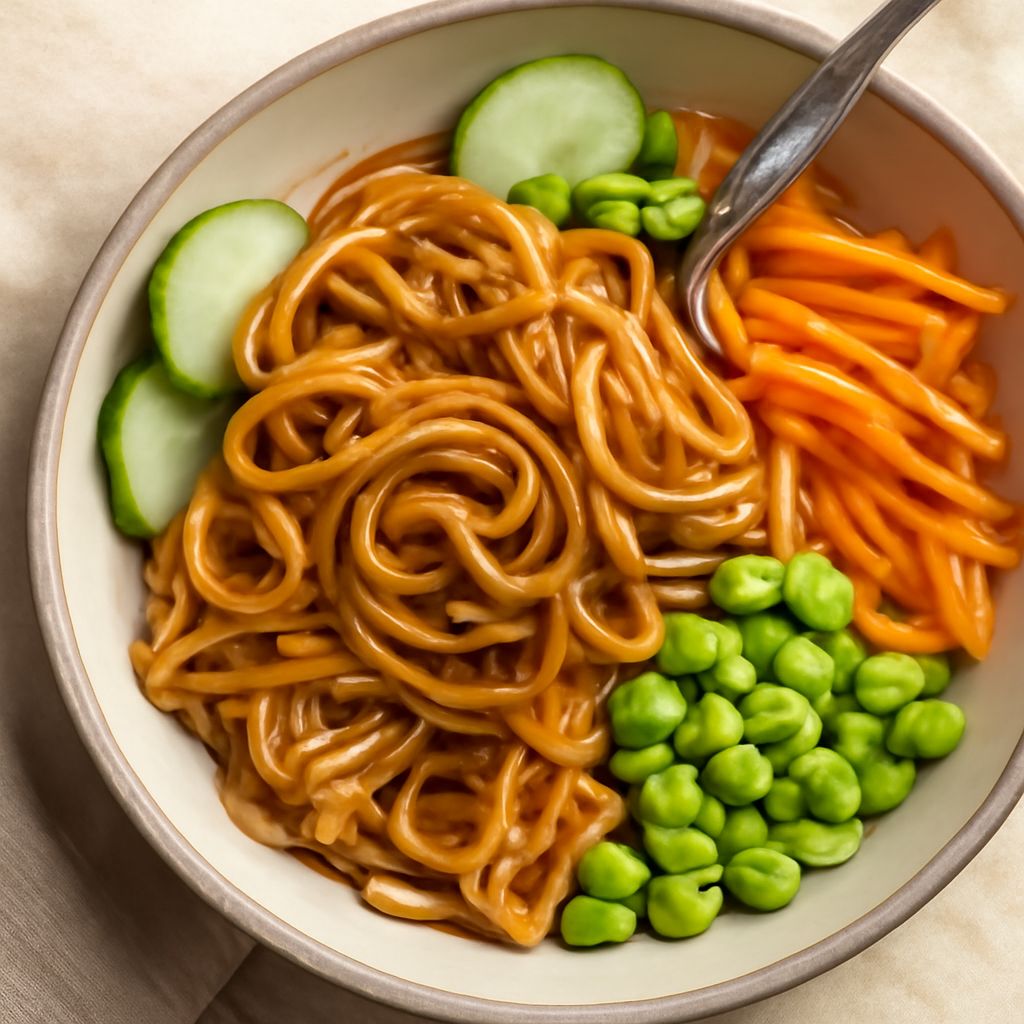 Thai noodles with peanut sauce, crisp vegetables, and lime