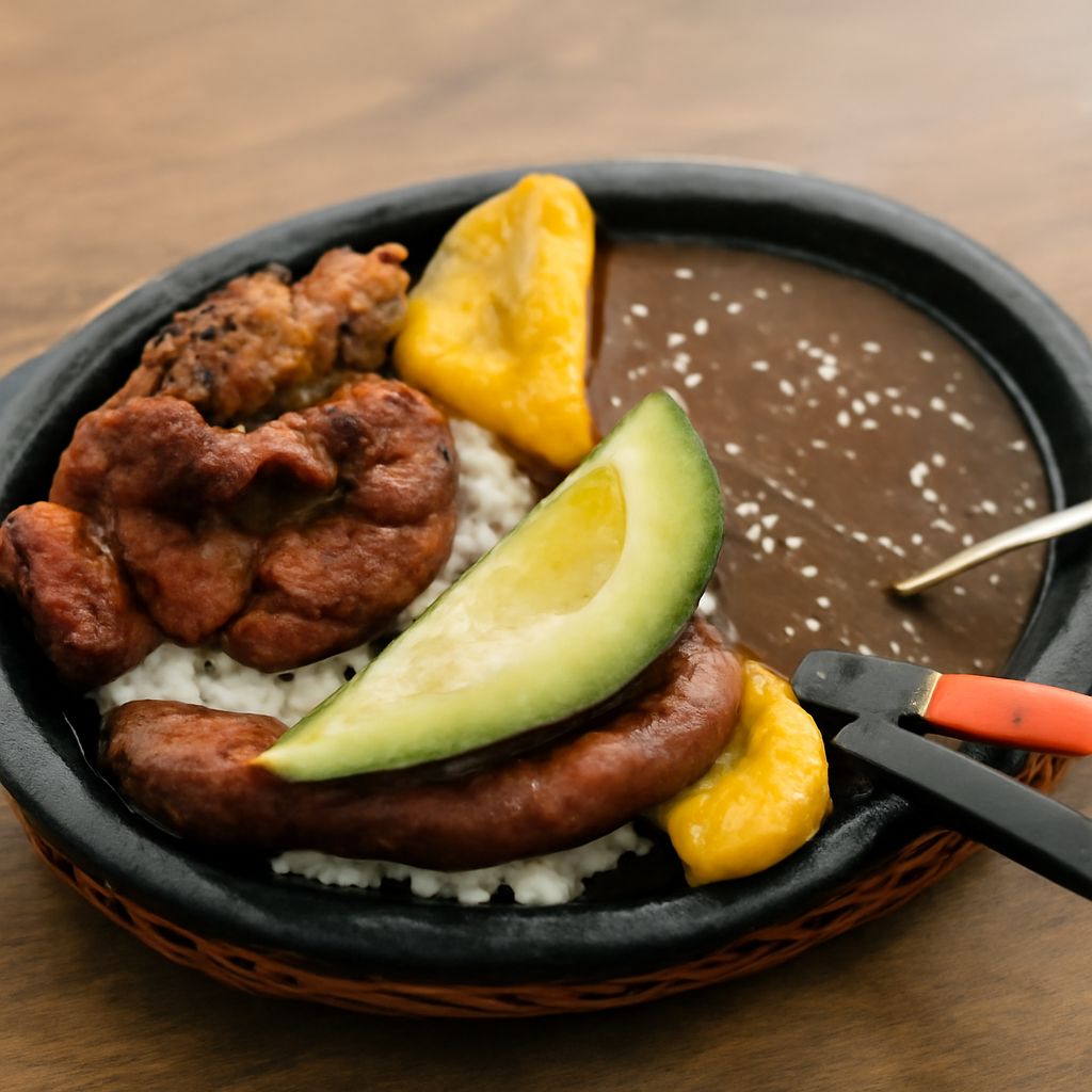 Food of Colombia with arepas, plantains, and regional dishes
