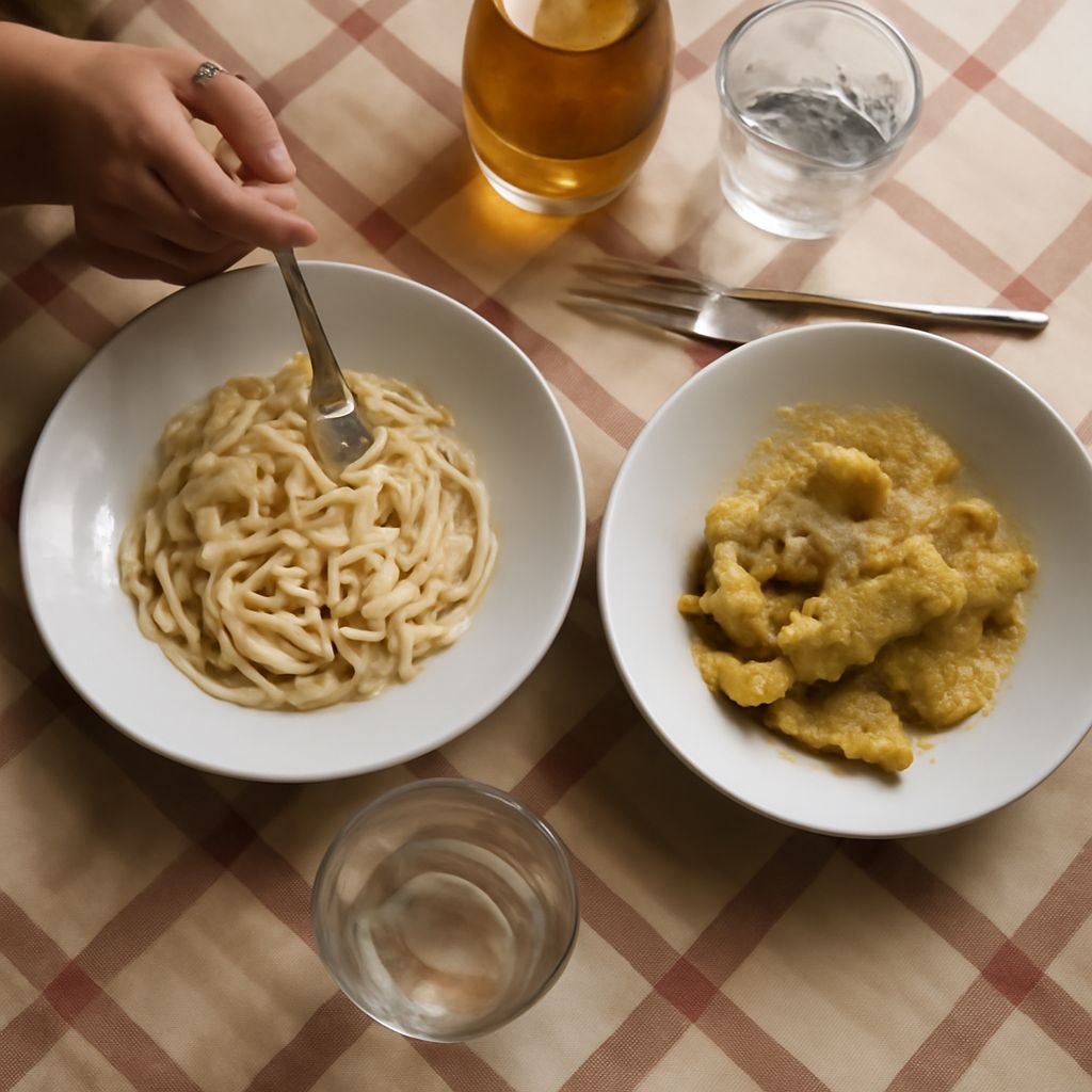 Cacio e pepe, carciofi, and supplì on a Roman table