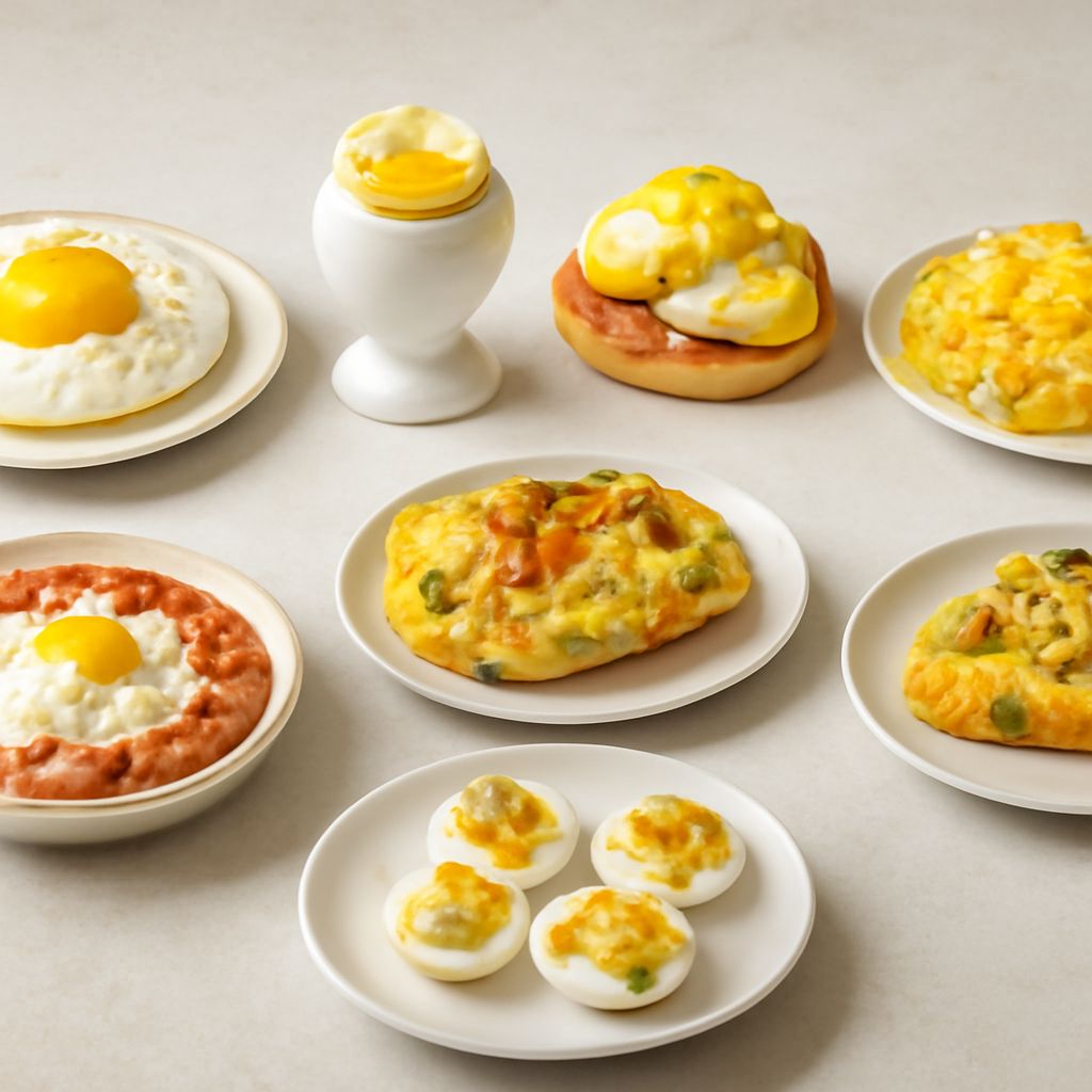 Collage of fried, boiled, poached, scrambled, baked, and folded egg styles