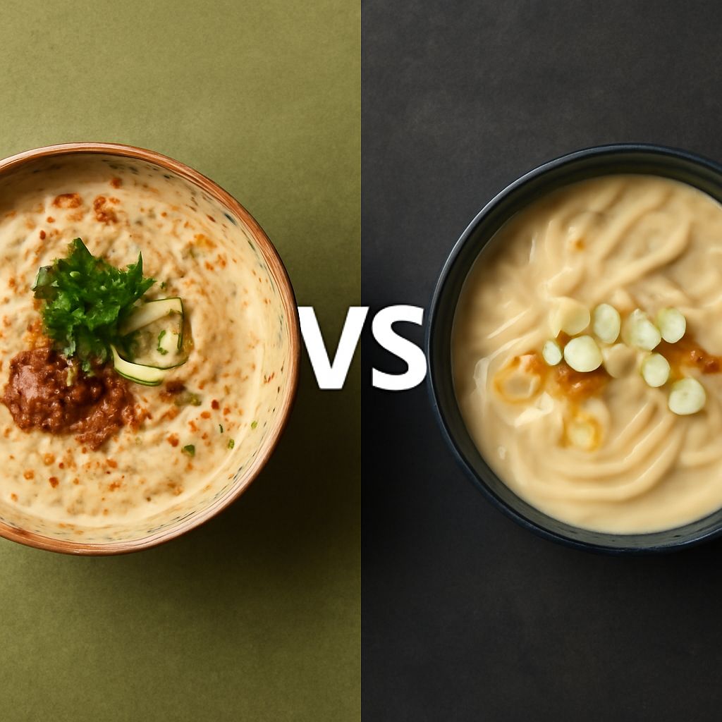 Bowls showing the difference between ramen and udon