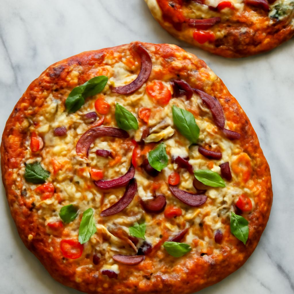 Unique pizza with roasted squash, blue cheese, pear, and fresh herbs