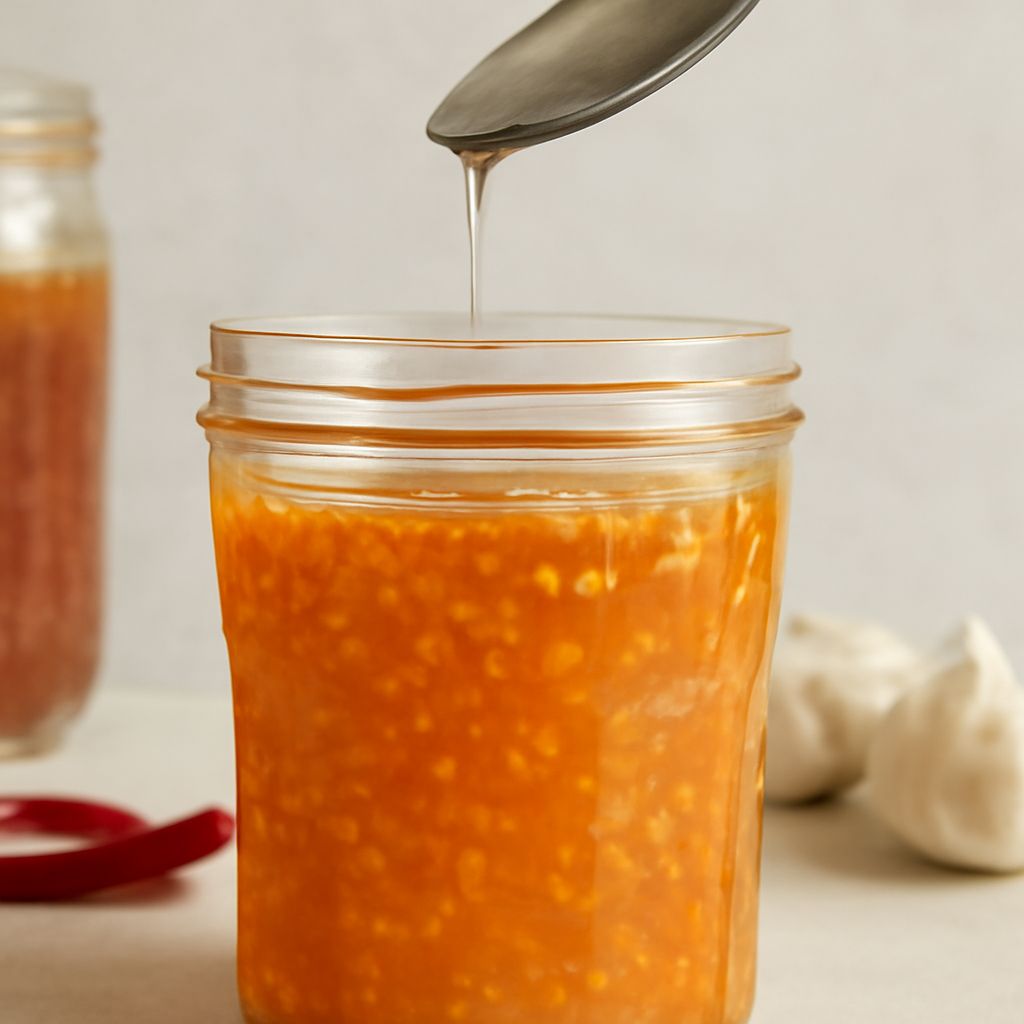 Bottled Vietnamese fish sauce beside a bowl of nuoc cham-style dipping sauce