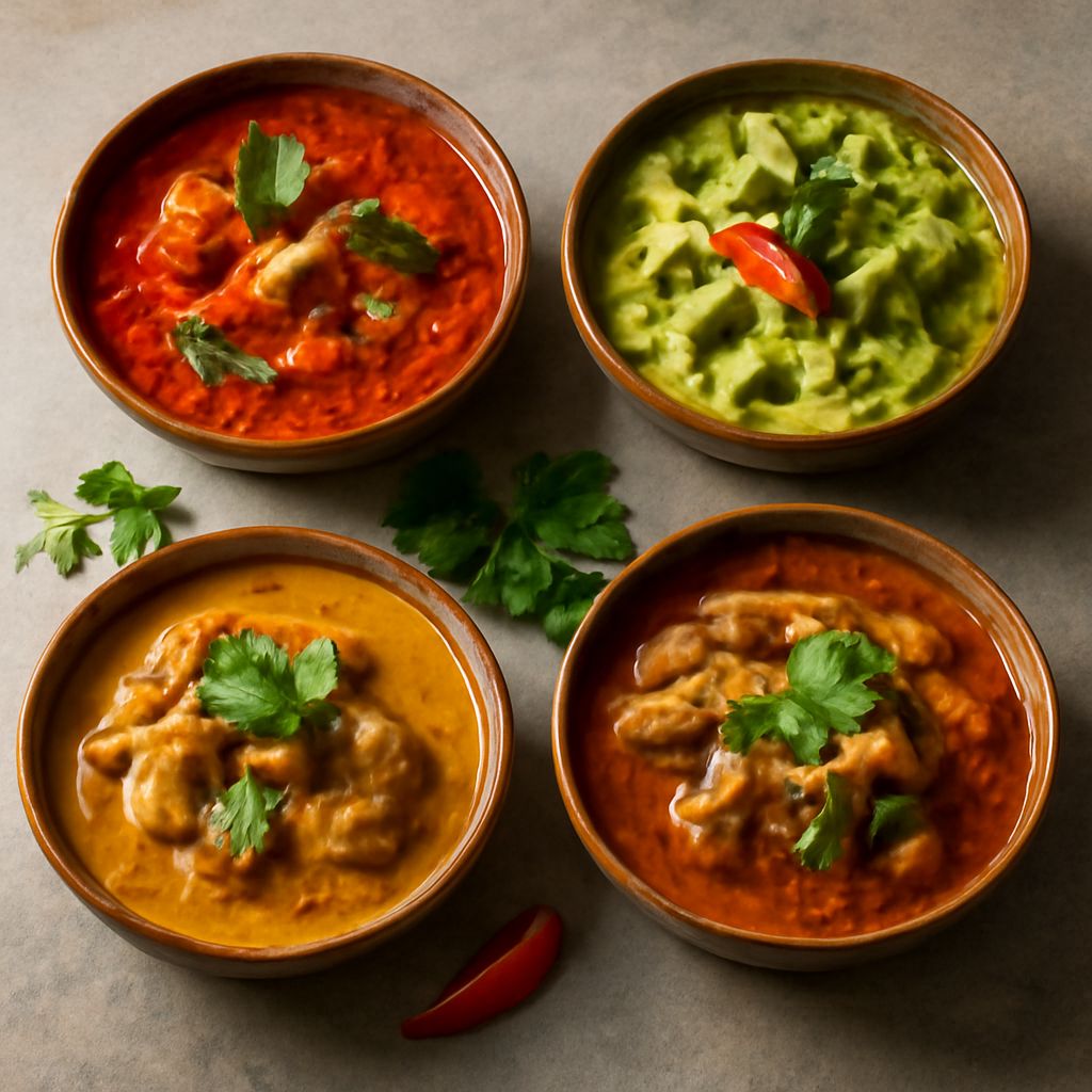 Bowls of red, green, and yellow curry showing different chile and coconut-based flavor profiles