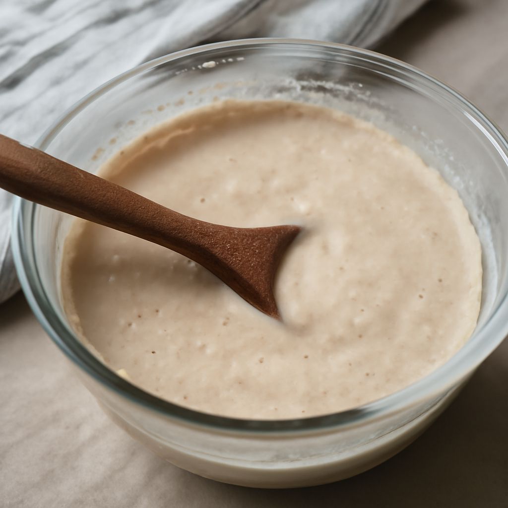 A jar of active sourdough starter being fed with flour and water