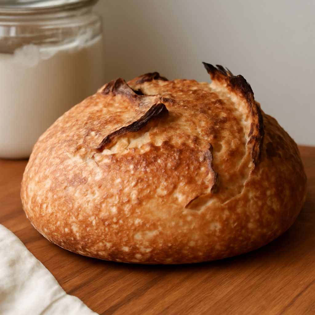 Freshly baked sourdough bread on a wooden board