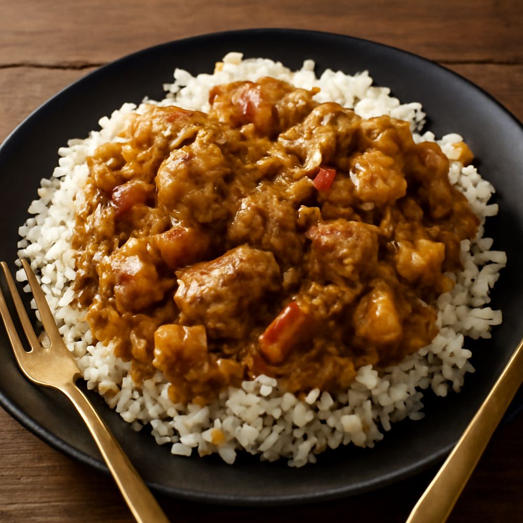 A plate of authentic Jamaican curry chicken with rice.