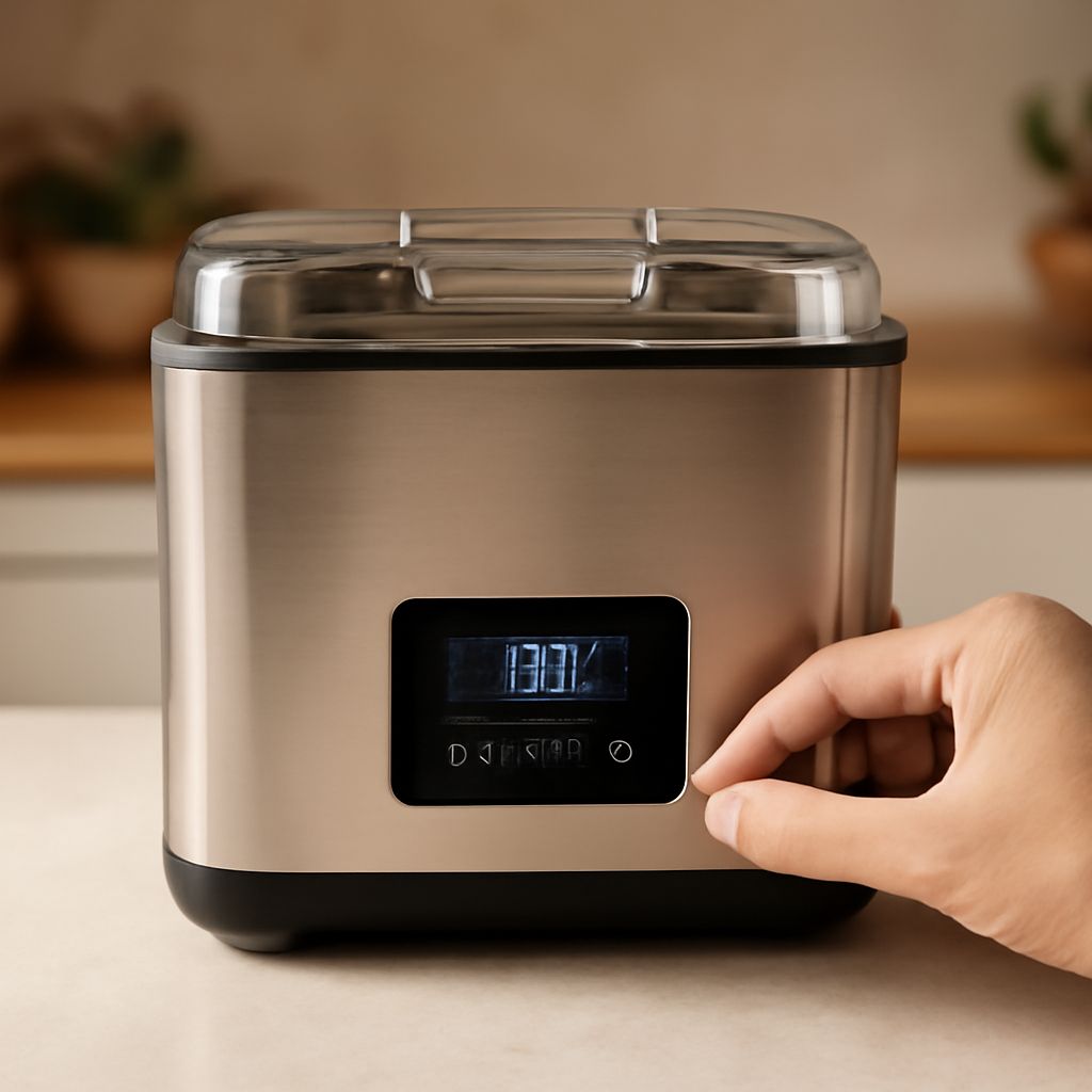 A vacuum-sealed bag being cooked in water using the sous vide method.